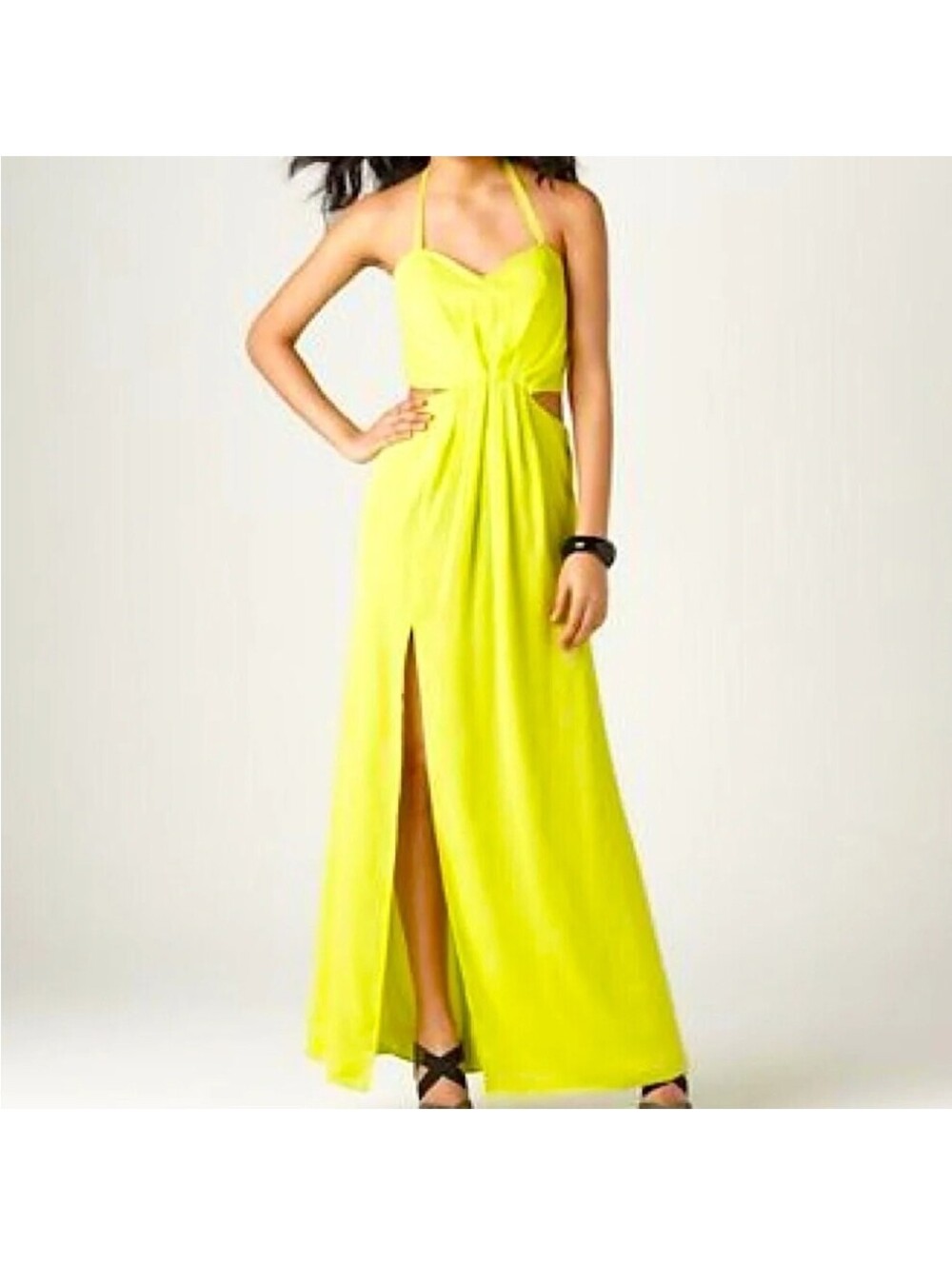 BCBGENERATION Yellow/green neon Halter Maxi Dress Cut Out Side Slit sz6